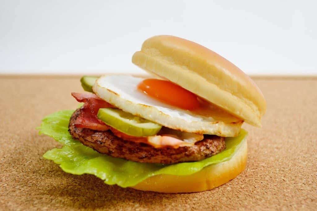bacon, fried, egg, hamburger, food, fast, fake, white, back, bacon, hamburger, food, fake, fake, fake, fake, fake