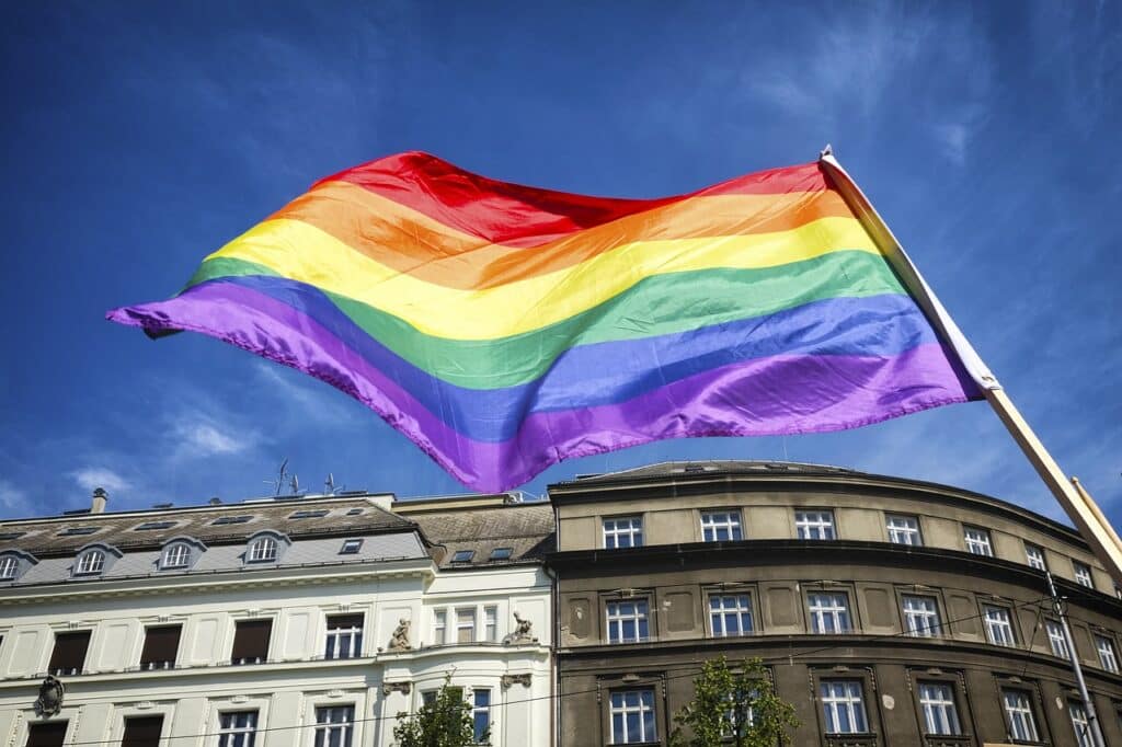 flag, pride, rainbow, symbol, lesbian, banner, homosexual, bisexual, transgender, freedom, blue, nature, proud, march, marching, human, rights, blue sky, lgbtiqa, pride month, rainbow flag, world pride