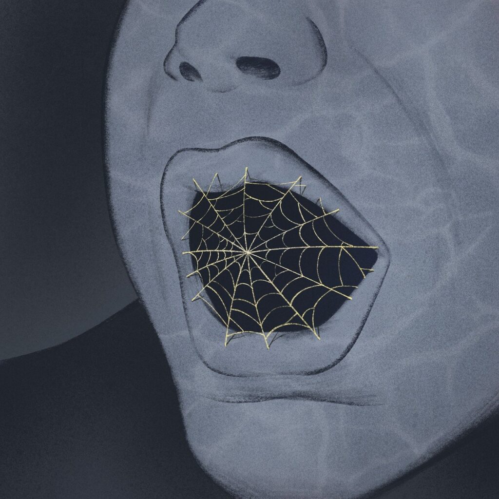 mouth, spiderweb, cobweb, scream, person, surrealism, cartoon, imagination, fantasy, creativity, painting, art, male, pain, sadness, loneliness, speech, language, prohibition, propaganda, propaganda, propaganda, propaganda, propaganda, propaganda