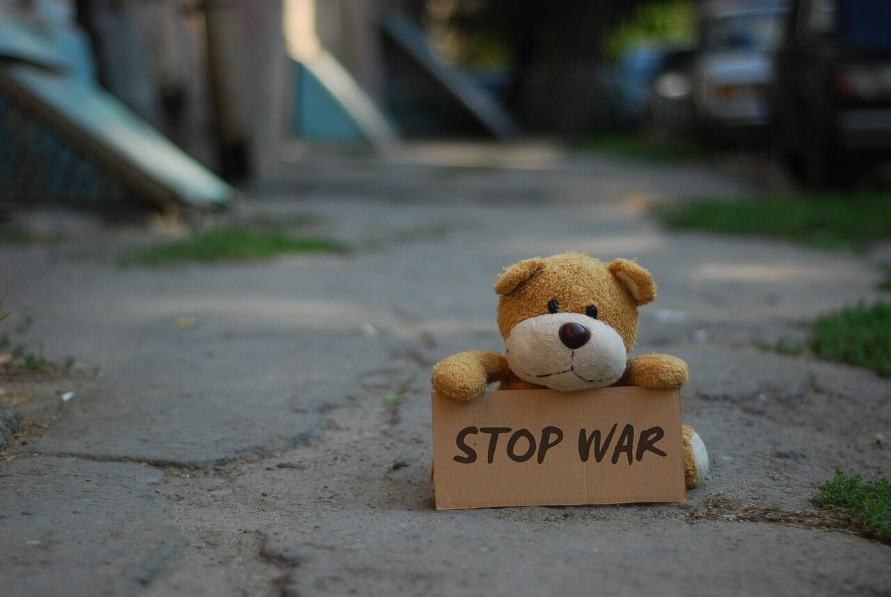 teddy bear, toy, stop war, placard, street, sidewalk, no war, message, plush toy, stop war, stop war, stop war, stop war, no war, no war, no war, no war, no war
